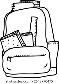 A backpack filled with books, a ruler, and notebooks in a clean line drawing style. The image shows educational items neatly arranged in a school bag. Cartoon vector illustration.