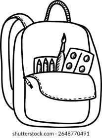 A backpack filled with pencils, a paintbrush, and paint set in a black and white line drawing. The bag's open pocket reveals art tools and materials. Cartoon vector illustration.