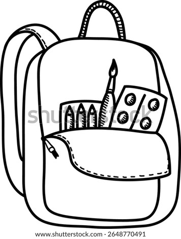 A backpack filled with pencils, a paintbrush, and paint set in a black and white line drawing. The bag's open pocket reveals art tools and materials. Cartoon vector illustration.