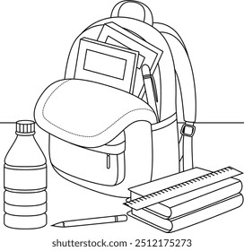 Backpack filled with school supplies like notebooks, pencils, rulers, and a water bottle outine coloring page. First day of school bag line art