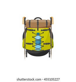 Backpack in a flat stzle. Vector illustration. School bag.Travel, camping or hiking. Tourism. Luggae.