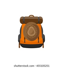 Backpack in a flat stzle. Vector illustration. School bag.Travel, camping or hiking. Tourism. Luggae.