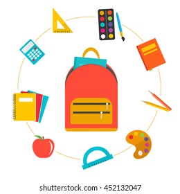 Backpack with flying school supplies set, vector illustration. Includes  book, pencils, markers, apple, calculator, paints, ruler 