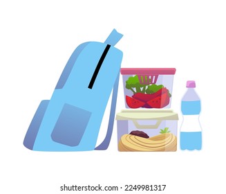 Backpack with food lunch boxes and bottle of water flat cartoon vector illustration isolated on white background. Food storage and lunch or breakfast box.