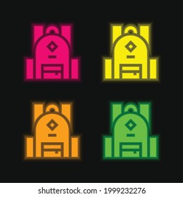 Backpack four color glowing neon vector icon