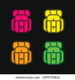 Backpack four color glowing neon vector icon
