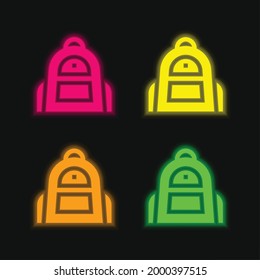 Backpack four color glowing neon vector icon