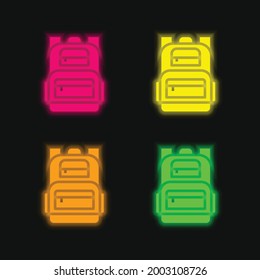 Backpack four color glowing neon vector icon