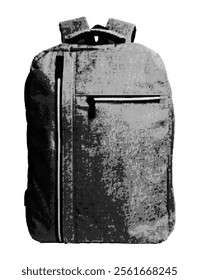 Backpack in front view. Modern urban style rucksack with luggage and hiking features, designed with halftone and dotted gray texture. Vector illustration isolated on white