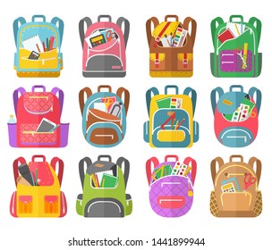 Backpack full of stationery objects, back to school. Vector isolated rucksacks with exercise books, pens and pencils, rulers and textbooks isolated. Set of school bags. Multicolor backpacks for kids