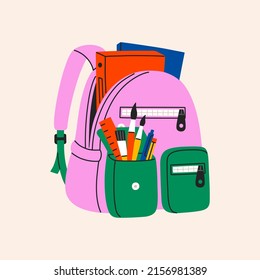 Backpack full stationery and study supplies. Back to school. Colorful schoolbag with textbooks, rulers, pens, pencils. Hand drawn vector illustration isolated on background. Modern flat cartoon style