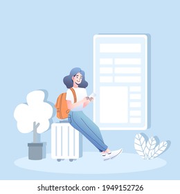 Backpack girl sitting on suitcase and use smartphone checking to travel in cartoon character,flat vector illustration