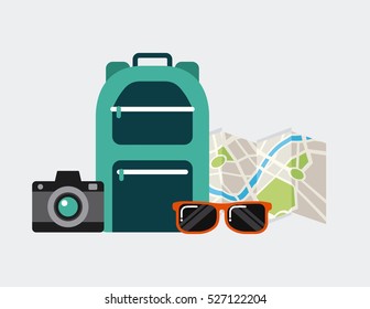 backpack with glasses and camera device and city map over white background. colorful design. travel and tourism design. vector illustration