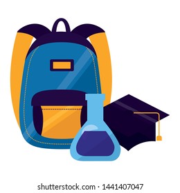 backpack gradution hat and chemistry flask back to school vector illustration