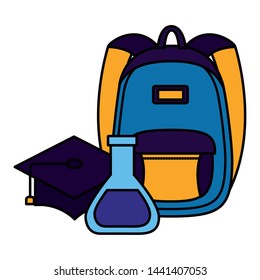 backpack gradution hat and chemistry flask back to school vector illustration