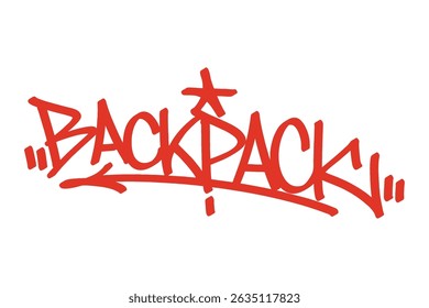 Backpack graffiti tag in bold red lettering on transparent background. Urban street art style, perfect for adventurous vibes, creative designs, and dynamic urban culture projects.