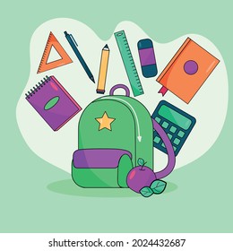 Backpack, green briefcase with school supplies. Autumn. Back to school. Calculator, notebook.