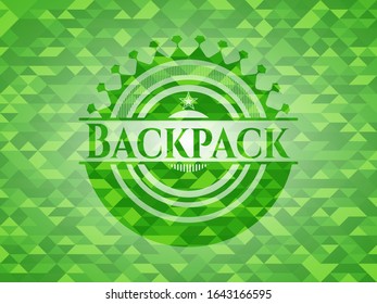 Backpack green emblem with mosaic ecological style background. Vector Illustration. Detailed.