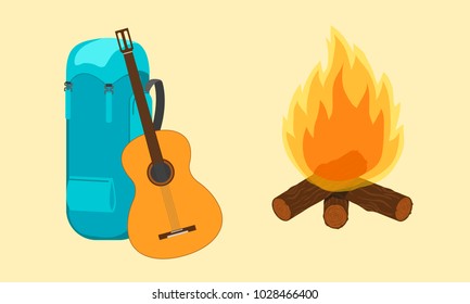 Backpack, guitar and bonfire. Camping. Vector illustration.