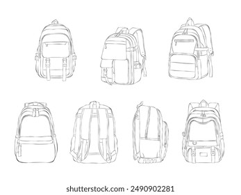 Mochila Dibujado a mano conjunto de Vector Sketch Doodle. Ilustración vectorial. De vuelta a la escuela.