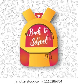 Backpack and hand made lettering "Back to school" on School background with hand drawn doodle icons of study in sketch style. Vector pattern. 