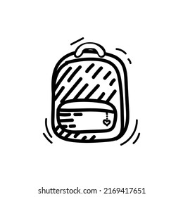 Backpack, hand-drawn in sketch style. Vector clip-art of a school or camping backpack. Monochrome. Backpack icon with doodle. Isolated element on white background.