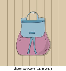 backpack hanging on hook on wall, vector