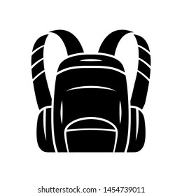 Backpack, hiking bag glyph icon.  Carry on baggage, luggage. Travelling, tourism equipment, item. Camping trip bag, schoolbag. Silhouette symbol. Negative space. Vector isolated illustration