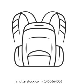 Backpack, hiking bag linear icon. Carry on baggage, luggage. Travelling, tourism equipment. Camping trip bag. Thin line illustration. Contour symbol. Vector isolated outline drawing. Editable stroke