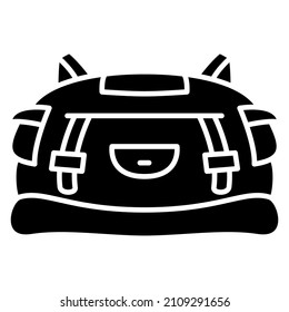 Rucksack, Wanderbeutel. Niedrig breites Modell mit verstopften Gurten. Rucksack eines Touristen, Reisenden, Sportlers. Vektorsymbol, Glyphe, Silhouette einzeln