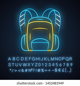 Backpack, hiking bag neon light icon.  Carry on baggage, luggage. Travelling, tourism equipment, item. Camping trip bag. Glowing sign with alphabet, numbers and symbols. Vector isolated illustration