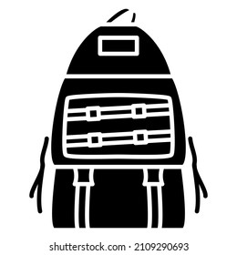 Backpack, hiking bag. Outside compartment with straps and fasteners. Backpack of a tourist, traveler, sportsman. Vector icon, glyph, silhouette, isolated