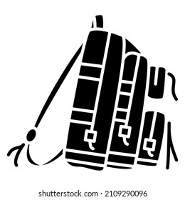 Backpack, hiking bag. Side view, many compartments, carrying strap. Backpack of a tourist, traveler, sportsman. Vector icon, glyph, silhouette, isolated