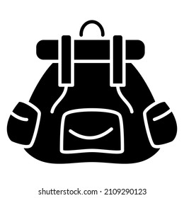 Backpack, hiking bag. Wide roomy design with a twisted awning. Backpack of a tourist, traveler, sportsman. Vector icon, glyph, silhouette, isolated