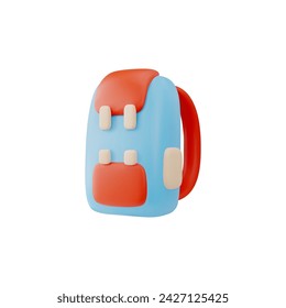 Rucksack zum Wandern oder Camping 3D Vektor-Illustration. Cartoon rote und blaue Tasche für Reiseausrüstung im 3D-Stil. Gepäck oder Schultasche isoliert auf weißem Hintergrund