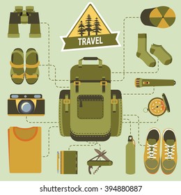 Backpack and hiking equipment. Icons in flat style.