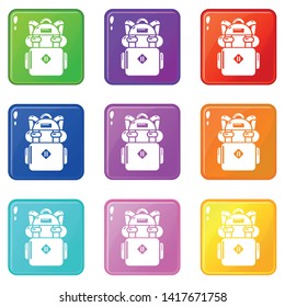 Backpack hiking icons set 9 color collection isolated on white for any design