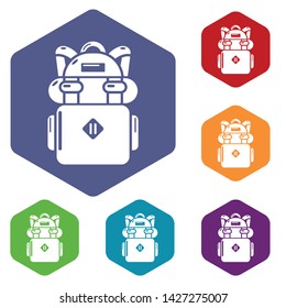 Backpack hiking icons vector colorful hexahedron set collection isolated on white