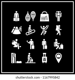 backpack icon. 16 backpack vector set. luggage location, bag of books, tourist and trekking icons for web and design about backpack theme