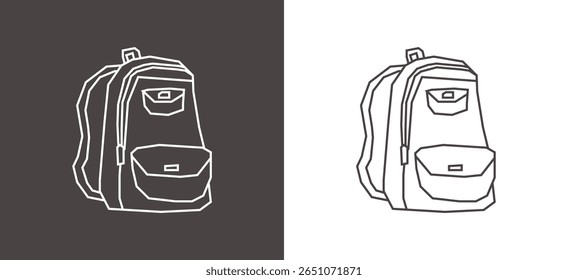 Backpack Icon in Black Line Art and White Line Art Cutout Style