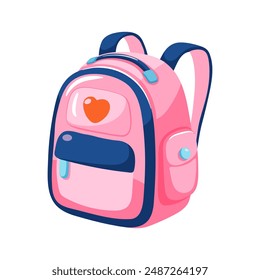 Backpack icon. Cute pink backpack isolated on white. School accessory. Colorful cartoon style. Vector illustration.