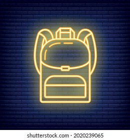 Backpack icon glow neon style, educational institution process, back to school color outline flat vector illustration, isolated on black. Concept supplies symbol, community college.
