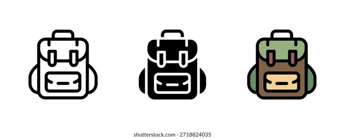 Rucksacksymbol. Wandern und Camping Rucksack Symbol für Reisen, Outdoor-Abenteuer und Tourismus. Rucksack-Illustration in Umrissform, einfarbige und farbige Stile, einzeln auf weißem Hintergrund.