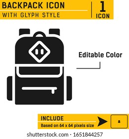 Backpack icon isolated on white background from education collection. Bag icon with glyph style. Vector concept design for web site or mobile app, UI, UX and more. Editable size and stroke. EPS file