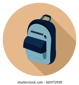 Backpack icon with long shadow on flat design, Ep10, vector illustration.