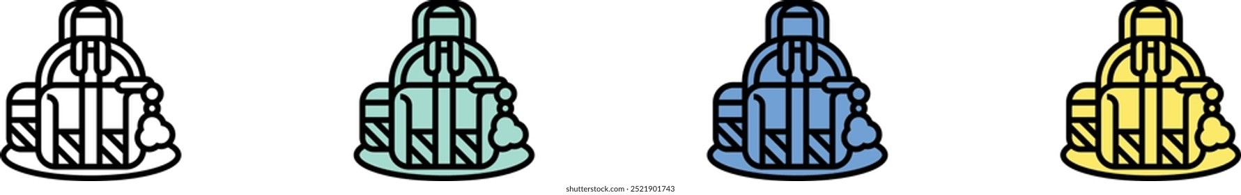 Rucksacksymbol. Kontur, Design im grünen, blauen und gelben Stil einzeln auf weißem Hintergrund