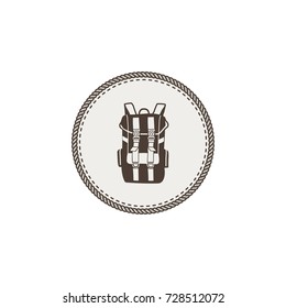 Backpack icon, patch and sticker. Vintage hand drawn outdoor adventure design. Camping icon. Stock vector isolated on white background.