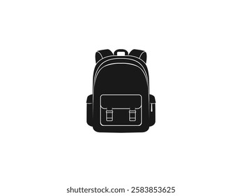 Backpack Icon: School Bag Vector Silhouette, Student Rucksack with Zippers, Pockets and Compartments. College Knapsack Design – Fashionable, Durable Travel Bag Illustration for Study and Adventure.