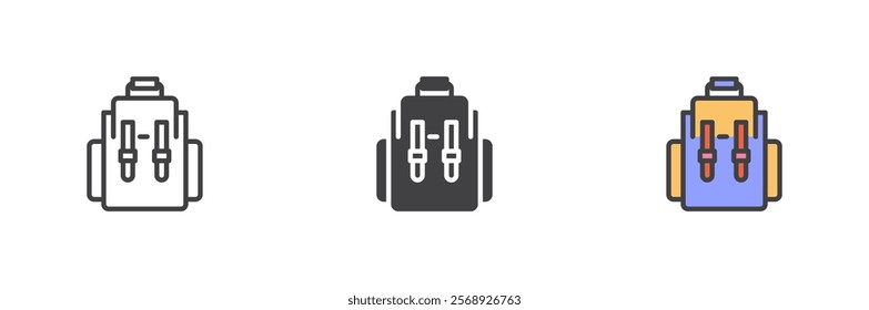 Backpack icon. School rucksack line and glyph version, outline and filled vector sign. linear and full pictogram. Symbol, logo illustration. Different style icons set