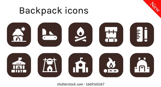 Rucksack-Symbol-Set. 10 gefüllte Rucksack-Symbole. Einschließlich Kabine, Penknife, Bonfire, Rucksack, Schulsymbole